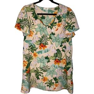 Entro‎ Womens Medium Tropical Floral V Neck Shift Mini Dress Short Sleeves Beach